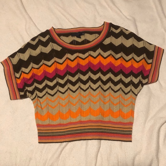 to Tops - Brown Orange & Pink Chevron Knit Crop Top Striped